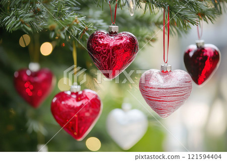 Close-up of red heart-shaped ornaments on a Christmas tree with festive lights. Christmas balls in a shape of a heart. Love and romantic symbol, Saint Valentine's Day background 121594404