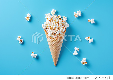 A unique and artistic representation of popcorn presented in a waffle cone, photographed against a vibrant blue background, showcasing creativity, food styling, and a playful, modern sense of design. A unique and artistic representation of popcorn presented in a waffle cone, photographed against a vibrant blue background, showcasing creativity, food styling, and a playful, modern sense of design. 121594541