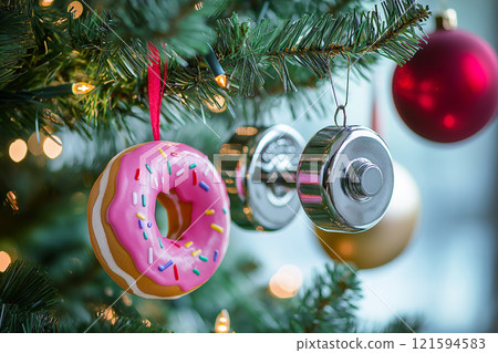 A festive Christmas tree adorned with a pink donut-shaped ornament and a steel dumbbell as decorations, highlighting a blend of holiday joy and fitness enthusiasm. New Year resolutions, new start. 121594583