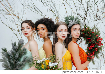 Four diverse women styled as seasonal goddesses wearing elegant dresses and holding floral arrangements, representing spring, summer, autumn, and winter with vibrant imagery and graceful poses. 121594611