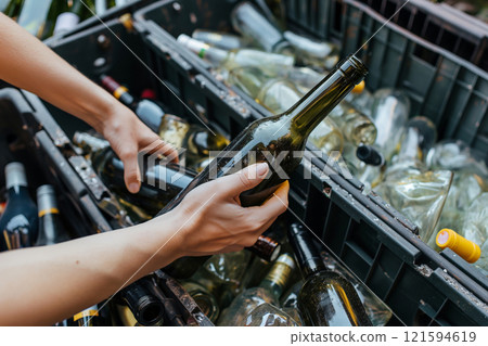 Hands sorting glass bottles into a recycling bin. Environmental responsibility and sustainable practices. The image highlights waste management and the importance of a clean, eco-friendly environment. 121594619