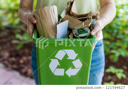 Woman sorting recyclable papers into a colorful recycling bin outdoors. Eco-friendly behavior, sustainable practices, and environmental care, responsibility and conservation 121594627