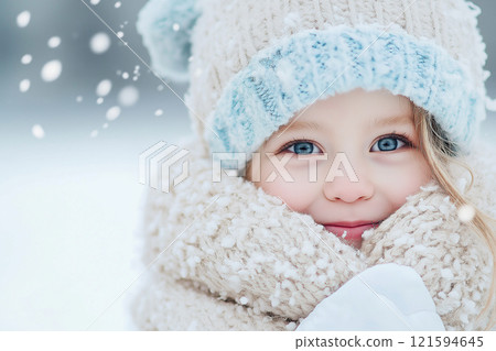 Adorable baby wearing a knitted winter outfit in a cozy, festive setting. Snowy winter season, weather and snow theme. 121594645