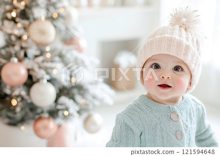 Adorable baby wearing a knitted winter outfit in a cozy, festive setting. Snowy winter season, weather and snow theme. Adorable baby wearing a knitted winter outfit in a cozy, festive setting. Snowy winter season, weather and snow theme. 121594648
