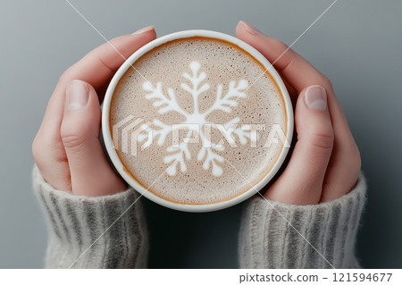 Hands holding a mug of coffee featuring snowflake latte art. The warm colors and cozy background evoke feelings of comfort, relaxation, and seasonal delight, perfect for holiday or winter themes. 121594677