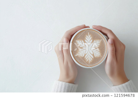 Hands in white sweater cuffs holding a cup of coffee or cocoa with a snowflake latte art on its foam, evoking winter themes, comfort, and coziness during cold seasons. Coffee lovers concept 121594678