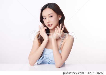 Beautiful young asian woman with clean fresh skin on white background, Face care, Facial treatment, Cosmetology, beauty and spa, Asian women portrait. 121594697