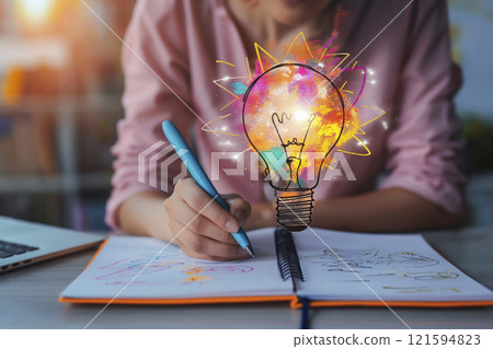 A light bulb with colorful, glowing symbols illuminates creativity as a person sketches in a notebook, conveying brainstorming and creative process. 121594823