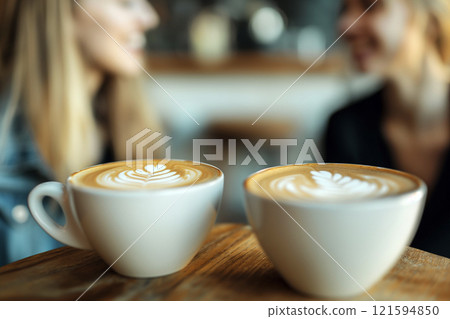 Two coffee cups closeup in coffee shop. Two friends share a moment over beautifully crafted lattes with creative latte art at a cozy cafe. Warmth, companionship, coffee culture, relaxing day. 121594850