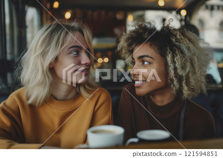 Two friends enjoying coffee at a cozy cafe, two women with cappuccino talking in a coffee shop, friendship and happiness. Women gossiping, date or spending time together 121594851