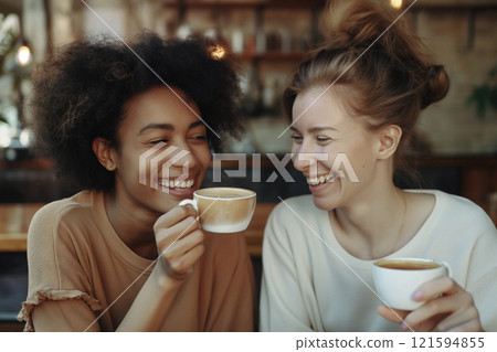 Two friends enjoying coffee at a cozy cafe, two women with cappuccino talking in a coffee shop, friendship and happiness. Women gossiping, date or spending time together 121594855