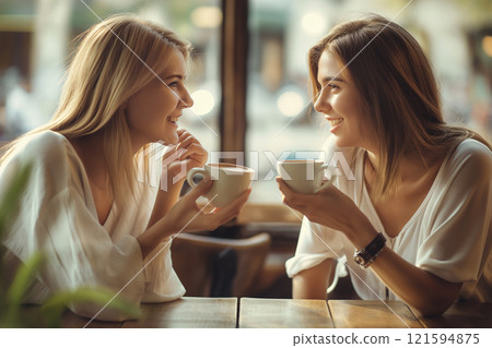 Two friends enjoying coffee at a cozy cafe, two women with cappuccino talking in a coffee shop, friendship and happiness. Women gossiping, date or spending time together 121594875