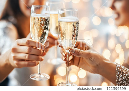 A cheerful celebration featuring close friends clinking champagne glasses in joy and happiness. Social gathering, representing a festive and fun occasion, filled with laughter and sparkling moments. 121594899