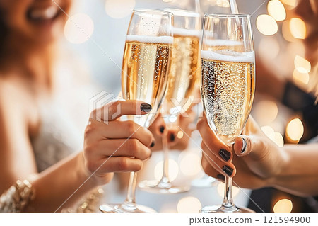 A cheerful celebration featuring close friends clinking champagne glasses in joy and happiness. Social gathering, representing a festive and fun occasion, filled with laughter and sparkling moments. 121594900