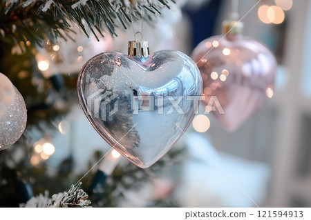 Hanging Glittery Heart-Shaped Christmas Baubles on a Soft Light Blue Background. Christmas balls in a shape of a heart. Love and romantic symbol, Saint Valentine's Day background Hanging Glittery Heart-Shaped Christmas Baubles on a Soft Light Blue Background. Christmas balls in a shape of a heart. Love and romantic symbol, Saint Valentine's Day background 121594913