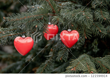 Close-up of red heart-shaped ornaments on a Christmas tree with festive lights. Christmas balls in a shape of a heart. Love and romantic symbol, Saint Valentine's Day background 121594914