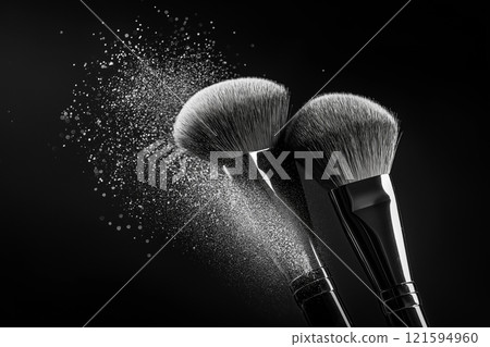 Two cosmetic brushes with powder explosions on black background. Beauty product and makeup concept. 121594960