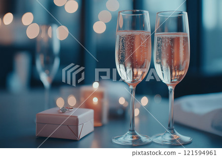 An engagement ring and two glasses with rose sparkling wine. Proposal with diamond ring. Valentine's day, romantic wedding invitation, love greeting card. Dating, falling in love, wedding celebration An engagement ring and two glasses with rose sparkling wine. Proposal with diamond ring. Valentine's day, romantic wedding invitation, love greeting card. Dating, falling in love, wedding celebration 121594961