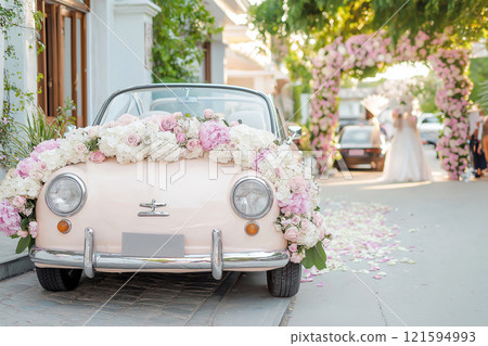 Wedding car decorated with flowers. Classic vintage elegant bridal car, old-fashioned car for weddings. Floral wedding decorations for traditional festive celebrations. Love and marriage concept 121594993