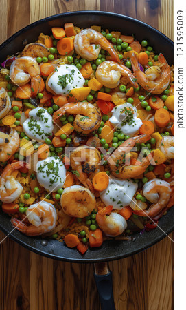 Delicious Shrimp Dish with Carrots, Peas, and Flavorful Sauce in a Pan 121595009