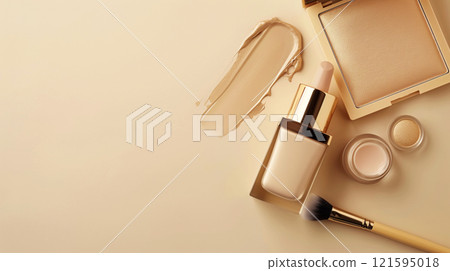 A top-down view of assorted golden-toned cosmetics, including powders, brushes, and tubes, beautifully arranged on a neutral background, highlighting elegance and luxury in makeup presentations. A top-down view of assorted golden-toned cosmetics, including powders, brushes, and tubes, beautifully arranged on a neutral background, highlighting elegance and luxury in makeup presentations. 121595018