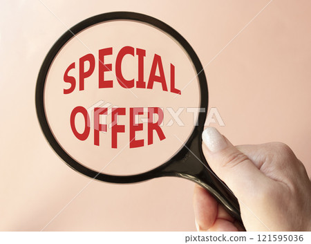 Special offer symbol. Concept word Special offer on wooden blocks. Businessman hand. Beautiful pink background. Business and Special offer concept. Copy space 121595036