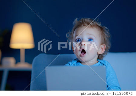 A shocked cute baby with wide eyes and an open mouth working on a laptop. Surprise, wow concept. Amazed, excited child, funny reaction on amazing news, loud sound or new information. Generation next 121595075