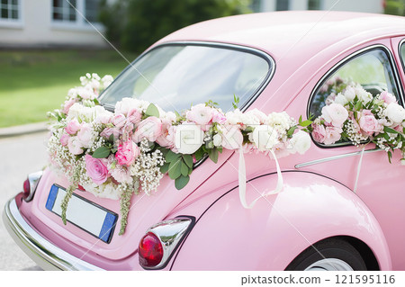 Wedding car decorated with flowers. Classic vintage elegant bridal car, old-fashioned car for weddings. Floral wedding decorations for traditional festive celebrations. Love and marriage concept 121595116