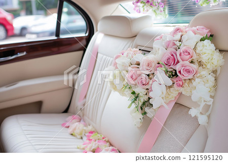Wedding car interior decorated with flowers. Classic elegant bridal car, old-fashioned car for weddings. Floral wedding decorations for traditional festive celebrations. Love and marriage concept 121595120