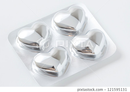 Heart shaped pills blister in foil, love drugs packaging set on white background as a symbol of love, health, and medicine. Perfect for themes of healthcare, romance, and pharmaceutical design. 121595131