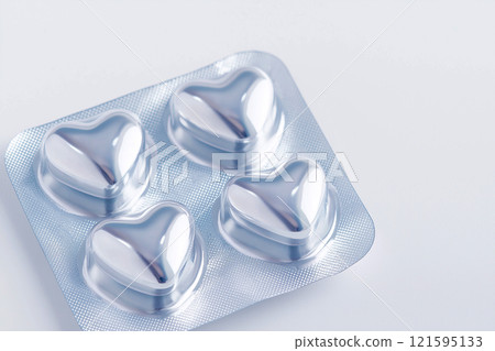 Heart shaped pills blister in foil, love drugs packaging set on white background as a symbol of love, health, and medicine. Perfect for themes of healthcare, romance, and pharmaceutical design. 121595133