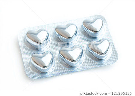 Heart shaped pills blister in foil, love drugs packaging set on white background as a symbol of love, health, and medicine. Perfect for themes of healthcare, romance, and pharmaceutical design. 121595135