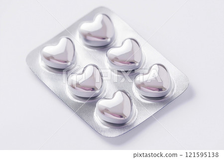 Heart shaped pills blister in foil, love drugs packaging set on white background as a symbol of love, health, and medicine. Perfect for themes of healthcare, romance, and pharmaceutical design. 121595138