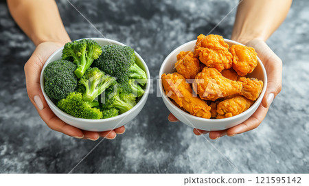 Two bowls with broccoli and with fried chicken. A choice between healthy nutrition and junk food, diet, nutrition, healthy lifestyle concept 121595142
