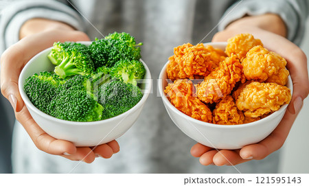 Two bowls with broccoli and with fried chicken. A choice between healthy nutrition and junk food, diet, nutrition, healthy lifestyle concept 121595143