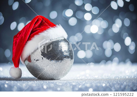 Disco ball in Santa's hat. Happy New Year and Christmas celebration concept, holiday party vibes, funny creative minimal photo 121595222