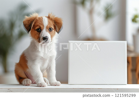 Fluffy cute puppy, a dog with blank canvas in a stylish home interior. Mock up for pets advertisements, empty signboard, template for veterinary clinic promo or pet health related messages 121595299