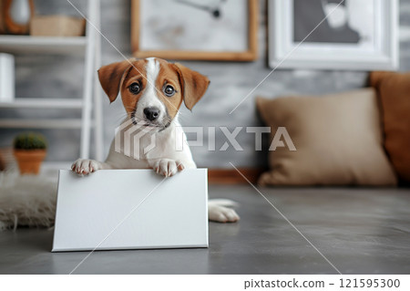 Fluffy cute puppy, a dog with blank canvas in a stylish home interior. Mock up for pets advertisements, empty signboard, template for veterinary clinic promo or pet health related messages 121595300