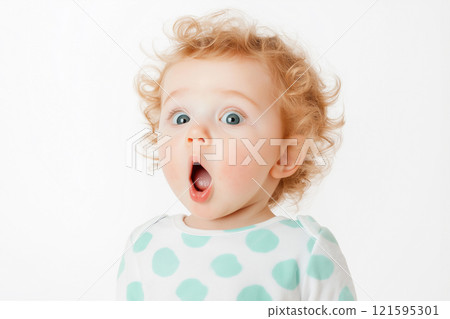 A shocked cute baby with wide eyes and an open mouth looking at the camera, surprise, wow concept. Amazed, excited child, funny reaction on amazing news, loud sound or something new 121595301