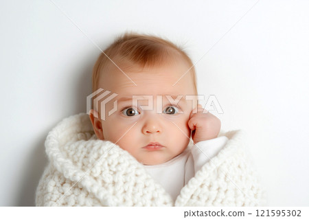 A shocked cute baby with wide eyes and an open mouth looking at the camera, surprise, wow concept. Amazed, excited child, funny reaction on amazing news, loud sound or something new 121595302