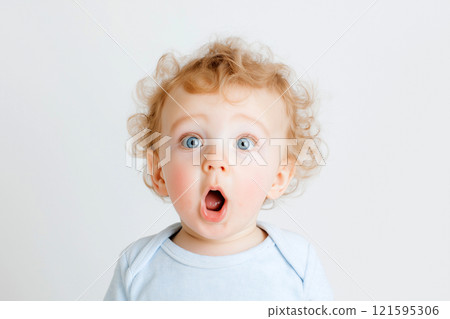 A shocked cute baby with wide eyes and an open mouth looking at the camera, surprise, wow concept. Amazed, excited child, funny reaction on amazing news, loud sound or something new 121595306