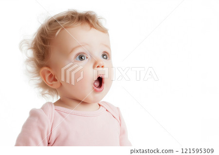 A shocked cute baby with wide eyes and an open mouth looking at the camera, surprise, wow concept. Amazed, excited child, funny reaction on amazing news, loud sound or something new 121595309