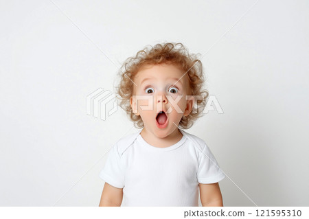 A shocked cute baby with wide eyes and an open mouth looking at the camera, surprise, wow concept. Amazed, excited child, funny reaction on amazing news, loud sound or something new 121595310