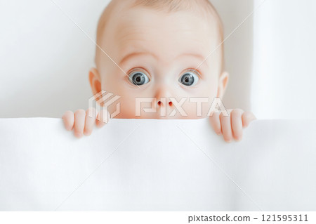 A shocked cute baby with wide eyes and an open mouth looking at the camera, surprise, wow concept. Amazed, excited child, funny reaction on amazing news, loud sound or something new A shocked cute baby with wide eyes and an open mouth looking at the camera, surprise, wow concept. Amazed, excited child, funny reaction on amazing news, loud sound or something new 121595311