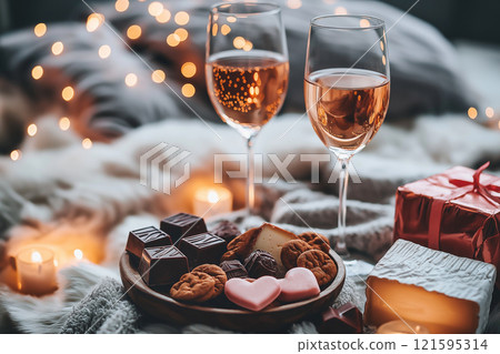 Romantic concept. Two glasses of rose wine with cheese and chocolate, gift box. Valentine's day theme, dating, romantic, love. Celebration setting for a couple with wine, bokeh background. 121595314