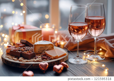 Romantic concept. Two glasses of rose wine with cheese and chocolate, gift box. Valentine's day theme, dating, romantic, love. Celebration setting for a couple with wine, bokeh background. 121595318