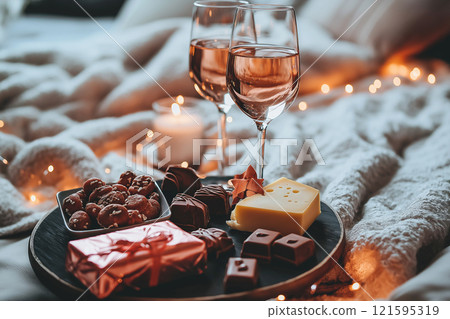 Romantic concept. Two glasses of rose wine with cheese and chocolate, gift box. Valentine's day theme, dating, romantic, love. Celebration setting for a couple with wine, bokeh background. 121595319