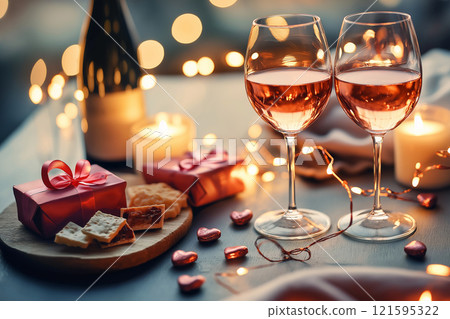 Romantic concept. Two glasses of rose wine with cheese and chocolate, gift box. Valentine's day theme, dating, romantic, love. Celebration setting for a couple with wine, bokeh background. 121595322