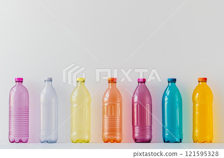 Different transparent plastic bottles on light background. Colorful plastic bottles of various sizes and shapes standing in a row, copy space. Recycling concept 121595328