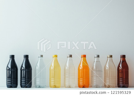 Different transparent plastic bottles on light background. Colorful plastic bottles of various sizes and shapes standing in a row, copy space. Recycling concept 121595329
